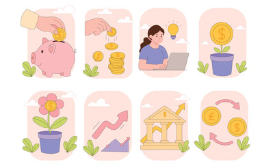 set money and economics. The set includes scenes of saving money in a piggy bank, investment, financial growth, online business, currency exchange, and economic stability.Economy and Money Concept 