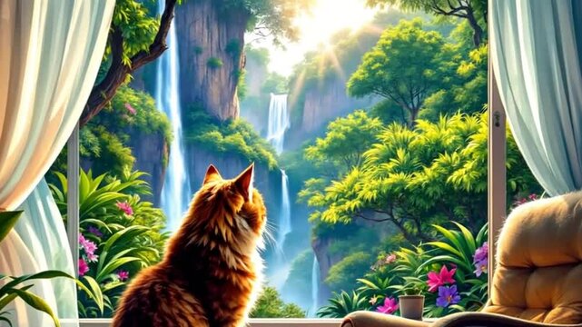 Calming Cat Video: Pet Watching Waterfall from Window &ndash; 4K Relaxing Background