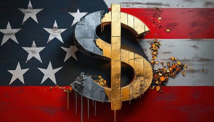 Rusty and weathered large dollar sign symbol with gold and metallic texture against a distressed American flag background with crumbling effects and drips