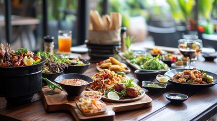 Obraz premium Selection of Varied Appetizers and Side Dishes Arranged on a Wooden Table