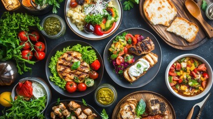 Overhead Arrangement of Various Plate with Prepared Dishes on Dark Backdrop