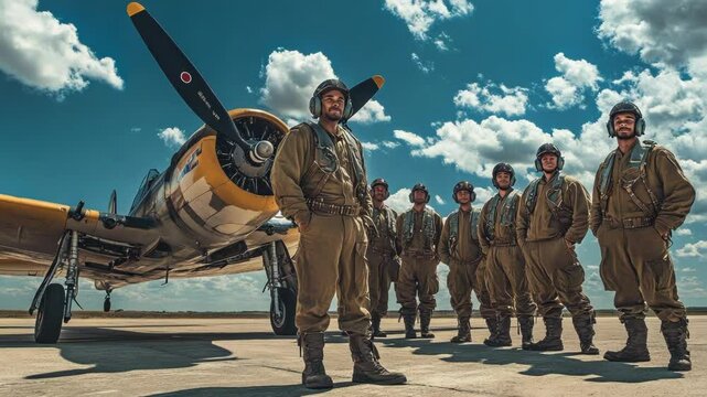 A group of historical military pilots stands proudly by a vintage aircraft, showcasing camaraderie and bravery. The scene captures a moment of teamwork and dedication to aviation.