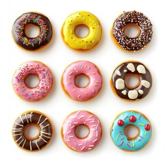 Nine colorful donuts, each with a unique icing and topping.