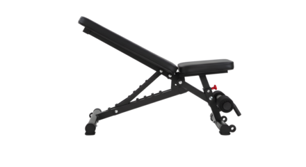 Adjustable weight bench positioned in a bright gym setting, showcasing fitness equipment and a motivational atmosphere