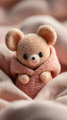 Cute Handcrafted Stuffed Bear Toy Sweet Gift Kids Nursery Cozy Pink Blanket Playful Plush Doll Small Huggable Soft Emotional Nature Decor Warmth Childhood Memory Colorful Happiness