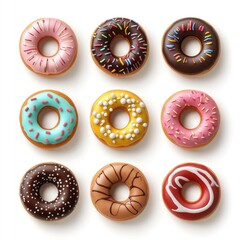 Colorful glazed donuts arranged in a grid pattern.