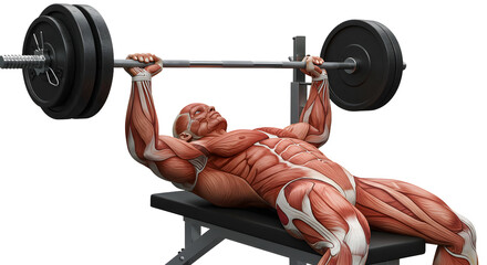 Anatomically detailed figure performing a bench press in a gym setting, showcasing muscle structure and strength training