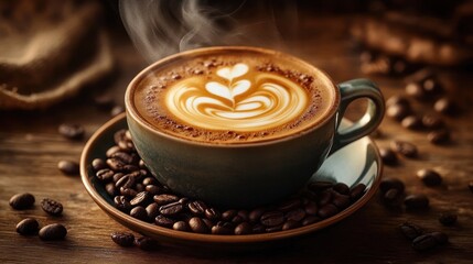 Steaming cup of coffee with latte art on a saucer surrounded by coffee beans on a wooden surface, warm and inviting atmosphere