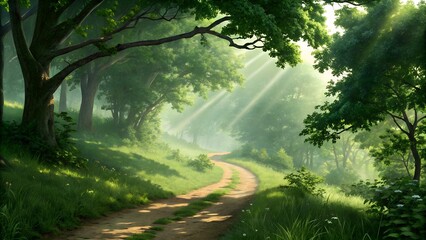 Obraz premium Serene Forest Path with Sunrays Through Lush Green Trees.