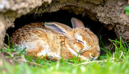 Obraz premium Brown hare resting in a dirt burrow, nestled within green grass, illuminated