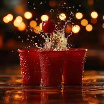 Red plastic cups with water splashing as a red ball hits the middle cup, set against a warm bokeh light background creating a lively atmosphere