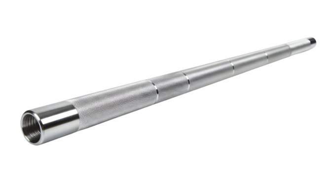 Close-up view of a sleek, metallic rod on a clean background, showcasing its detailed texture and precision engineering