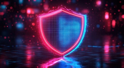 Glowing neon shield with blue grid pattern floating in a dark digital environment emitting pink, red, and blue light particles, symbolizing protection and cybersecurity