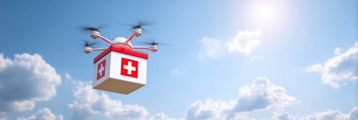 Medical Delivery Drone Transporting Supplies in a Clear, Bright Sky With Clouds Overhead