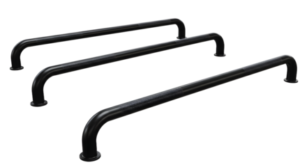 Three sturdy black metal railings positioned parallelly, set against a transparent background, ideal for architectural designs