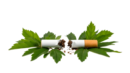 Two broken cigarettes placed on vibrant green leaves, symbolizing the contrast between smoking and nature, with a serene background