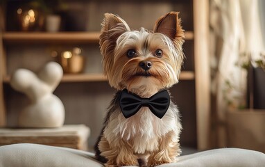 Small yorkshire terrier dog wearing a black bow tie sitting indoors on a cushion with a warm and cozy background