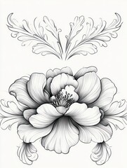 Intricate black and white sketch of a large blooming flower with detailed petals and ornamental leafy flourishes above and below it, conveying elegance and delicacy