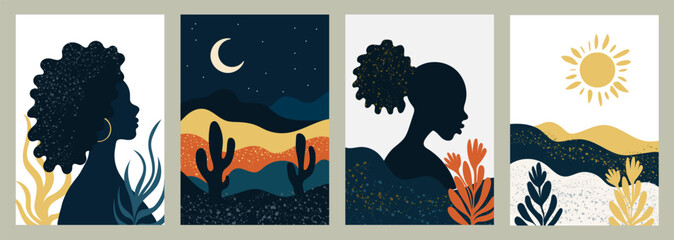 Abstract modern art poster set. African desert landscape and woman profile