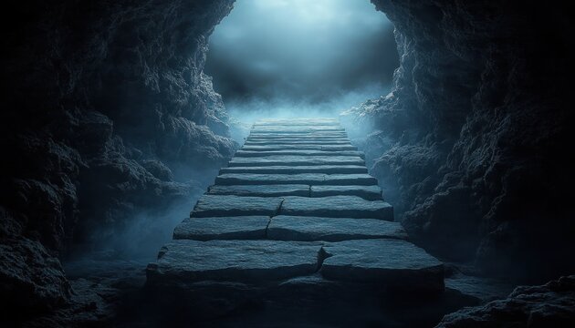 Ancient stone stairway ascending through a dark, rocky cave opening with mist and soft ethereal light