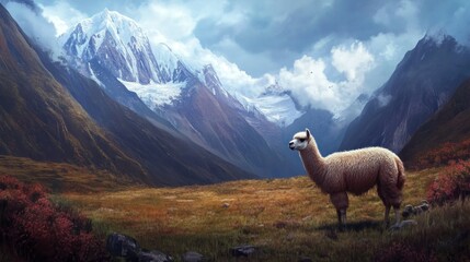 Fototapeta premium Majestic llama gazes at snow-capped mountains in a dramatic landscape. Fluffy llama stands on a meadow below towering peaks. Vast valley stretches out, with clouds and dramatic lighting