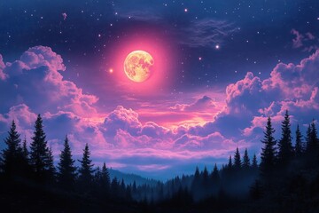 Naklejka premium Glowing full moon above dark pine forest with vibrant pink and purple clouds under a starry night sky creating a mystical and serene atmosphere