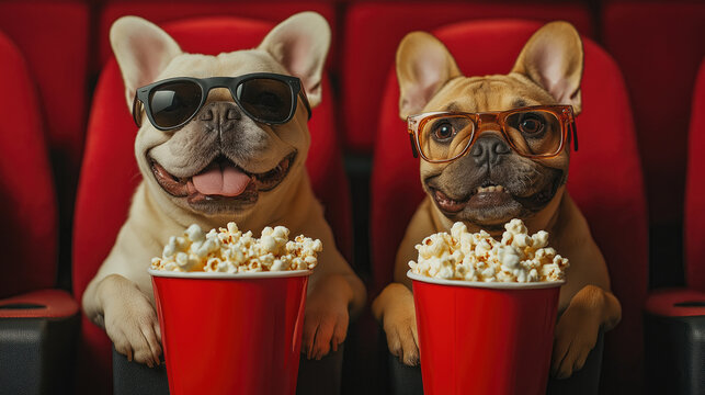 Dogs watching a movie with popcorn
