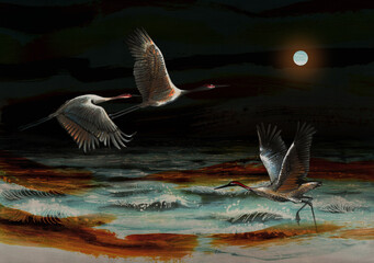 Herons in moonlight