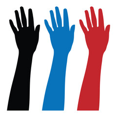Hand sign. Raised hand icon symbolizing stop or interaction, voting. open hands up. 