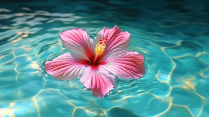 Delicate pink hibiscus flower floating on calm clear blue water with gentle ripples and sunlight reflections