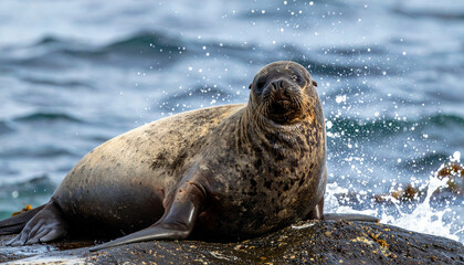 Sea lion resting. Waves crash around rocks on which it rests, near the ocean's edge