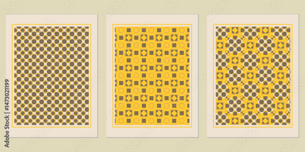 Poster geometric harmony: a series of three complementary pattern designs with interlocking elements evokin