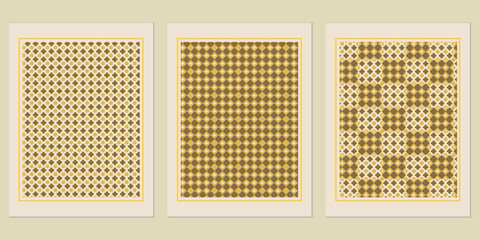 Elegant triptych featuring geometric patterns in earthy tones, evoking a sense of mid-century modern sophistication and timeless interior design appeal