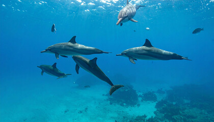 Fototapeta premium Dolphins swim through clear ocean water, illuminated by sunlight, near the sea bed