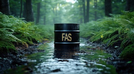 Black metal barrel labeled with letters standing in shallow water in a misty green forest with abundant moss and ferns