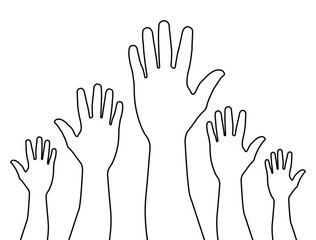 Hand reaching silhouette, human raised hands. Raised hands voting icon vector sign. People or students with their hands raised flat icon. Community, Collaboration, Teamwork, Group, Solidarity, Support