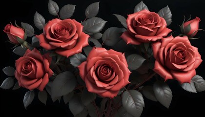 Obraz premium A bouquet of red roses with dark gray leaves, arranged in a symmetrical pattern, against a solid red background, creating a dramatic and elegant floral composition