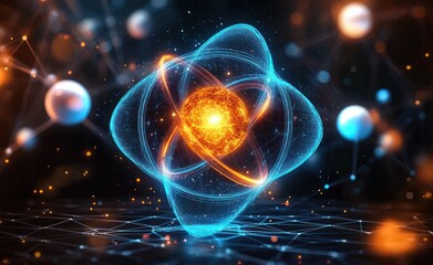 Glowing atomic structure with bright orange nucleus surrounded by blue electron orbits and multiple spherical particles in dark background, representing energy and science