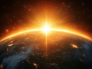 Bright golden sunrise over the curved horizon of Earth with glowing city lights and a star-filled space background