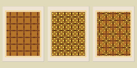 Trio of geometric pattern art prints, featuring warm brown and subtle golden tones in a repeating tile design, set in simple frames