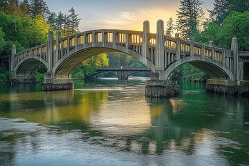 Obraz premium Elegant arched stone bridge over calm river surrounded by lush green trees during warm golden hour light