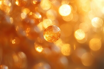 Close-up of a translucent amber-colored spherical drop with sparkling golden light reflections creating a warm and glowing bokeh background