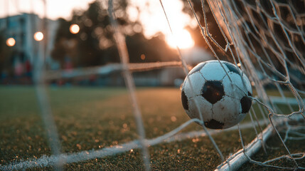 Soccer Ball Hitting the Net in Goal on Football Field
