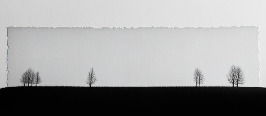 Minimalist black and white image featuring a torn paper edge above a silhouetted hill with sparse leafless trees evenly spaced along the horizon, evoking solitude and calmness