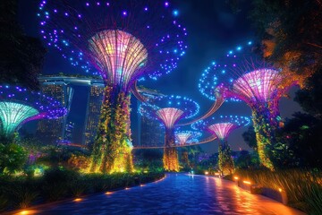 Fototapeta premium Futuristic garden at night with towering illuminated tree-like structures glowing in purple and blue lights surrounded by plants and a path leading through the vibrant scene