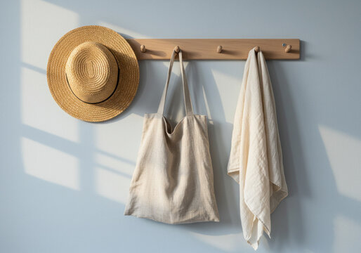 Hat and bag hanging on wall.