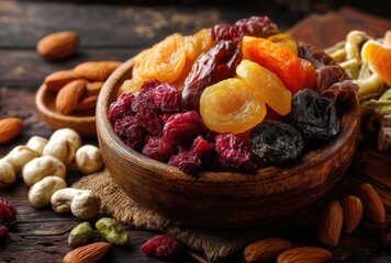 Assorted Dried Fruits and Nuts in Rustic Bowl on Wooden Table with Almonds, Cashews, and Other Nuts for Healthy Snacking or Cooking Inspiration