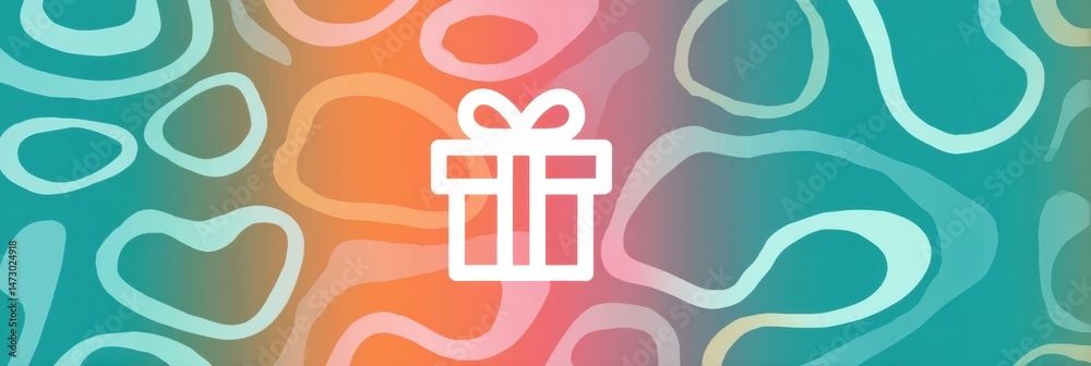 Poster minimalist gift box icon set against an abstract colorful pattern, perfect for digital design and fe