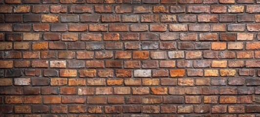 Naklejka premium Close-up of a textured brick wall with various shades of brown, orange, and reddish bricks arranged in a horizontal pattern