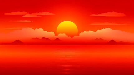 Fiery sunset vista over tranquil waters with distant mountain silhouettes